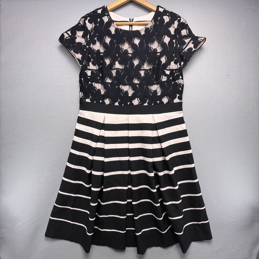 Danny and Nicole Dress Women’s Size 14 Pink & Black Floral Lace Stripes Pleats